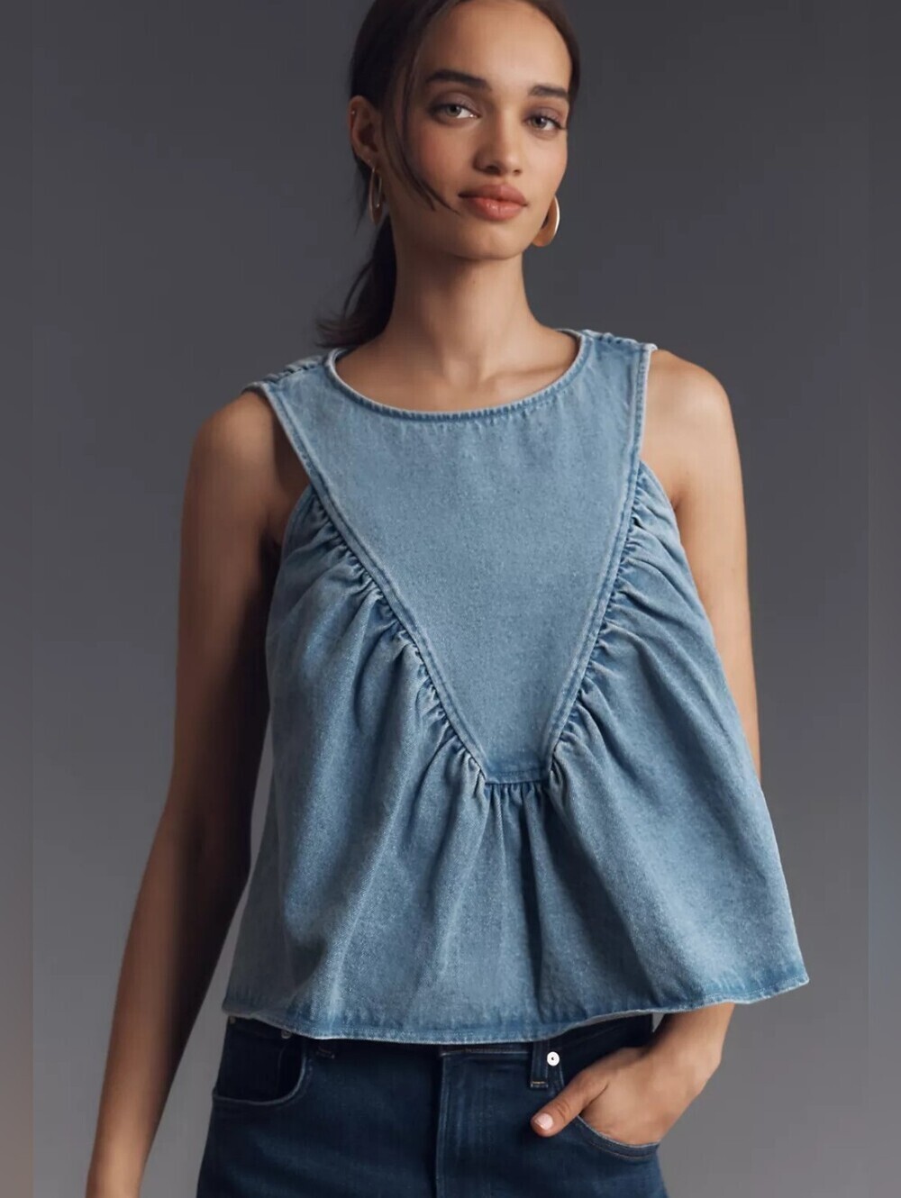 Mare Mare x Anthropologie Denim Shirred Blouse Sz XXS